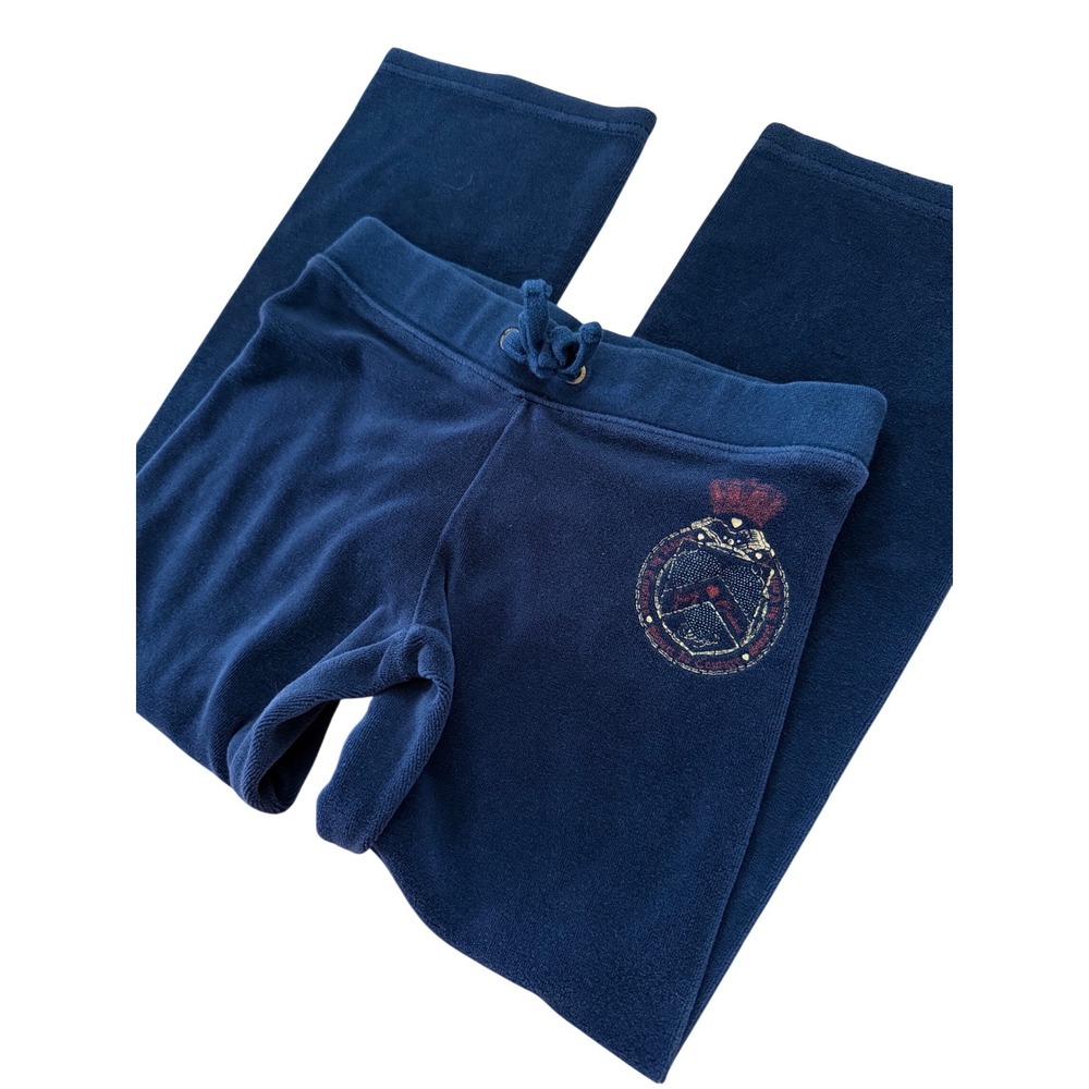 Y2K 2000s vintage Juicy Couture Navy Blue Velour Track Pants with Graphic